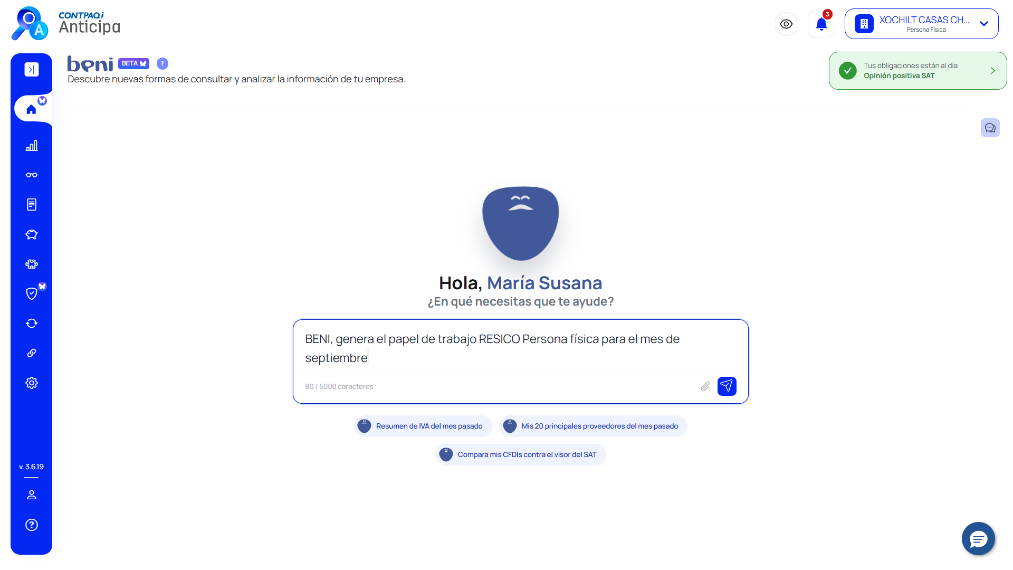 Interfaz de Beni en CONTPAQi Anticipa